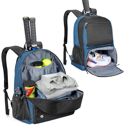 DSLEAF Tennistasche mit separatem belüftetem Schuhfach, Tennisrucksack für 2 Schläger mit gepolsterten Schultergurten Blau von DSLEAF