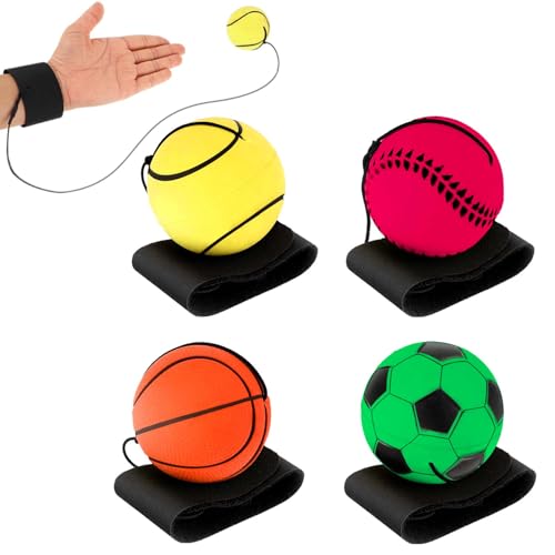 DSLSQD 4 Stück Handgelenk Return Ball,Ball mit Schnur,Springball mit Schnur,Handgelenk Ball Kinder,Gummi Rebound Ball,Sport Andgelenkball,Ball an Schnur,für Kinder Erwachsen Spielen&handgelenkübungen von DSLSQD