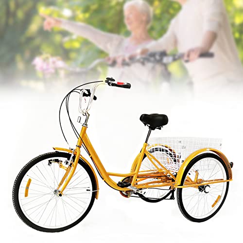 DSYOGX 24 Zoll Erwachsene Dreiräder 6 Gang Dreirad für Erwachsene Fahrräder mit Einkaufskorb und Licht für Outdoor Unterhaltung, Einkaufen oder Bewegung Verwendet Werden (Gelb) von DSYOGX