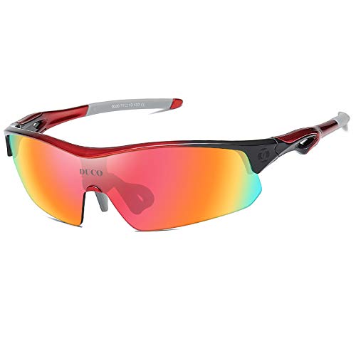 DUCO Fahrradbrille Herren und Damen Sportbrille Outdoor Sonnenbrille für Sportler mit 5 austauschbare Gläser UV400 0020 (ROT) von DUCO