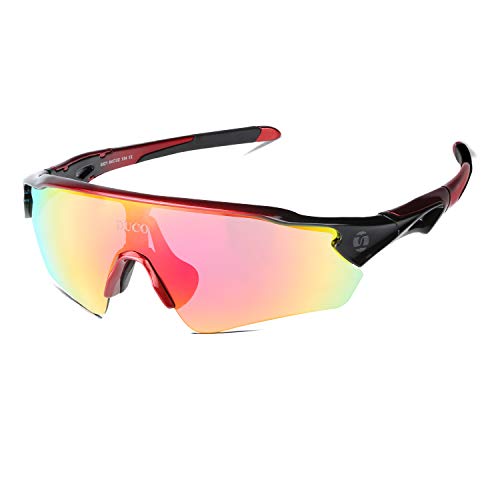 DUCO Radsportbrille Outdoor Sonnenbrille für Sportler polarisierte 5 austauschbare Gläser UV400 0021 (rot) von DUCO
