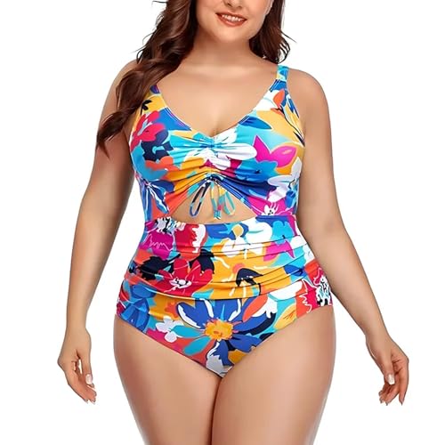DUDOK Bikini Sommer Plus Size One Piece Badeanzug Frau V-Ausschnitt Schnitt Sexy Monokini Badebekleidung Tummy Control Chubby Badeanzüge-Blumen-5Xl von DUDOK