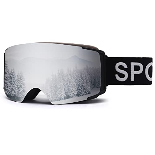 DUDUKING Skibrille Herren Damen, Skibrillen Ski Brille Snowboard Brille mit Magnetischen Linse, Ski Goggles für Skifahren Snowboarden, OTG Design Anti-Fog UV400-Schutz Helmkompatibel Parent (Silber) von DUDUKING