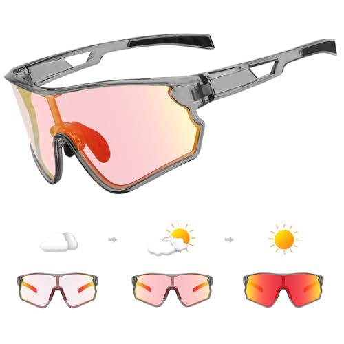 DUDUKING Sonnenbrille Selbsttönend Polarisierte Fahrradbrille Herren Damen,UV 400 Schutz Sportbrillen TR Rahmen Radsportbrillen für Radfahren Laufen Golf Baseballbrille (Grau Rot) von DUDUKING