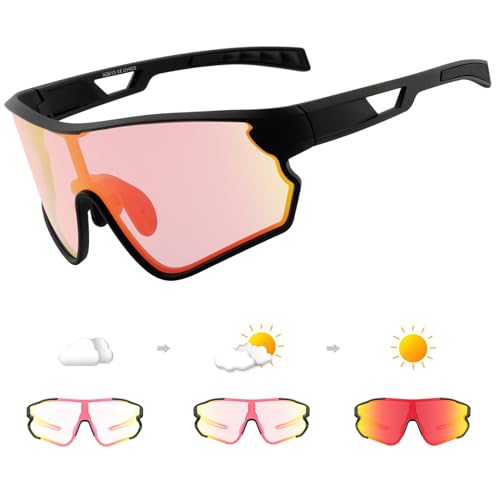 DUDUKING Sonnenbrille Selbsttönend Polarisierte Fahrradbrille Herren Damen,UV 400 Schutz Sportbrillen TR Rahmen Radsportbrillen für Radfahren Laufen Golf Baseballbrille (Schwarz Rot) von DUDUKING