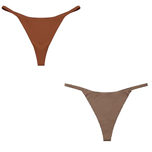 Damen Tanga - 2Er Pack Frauen Atmungsaktiv Sexy Nahtloser String, Niedrige Taille Elastizität Taille Einfarbig Bikini G-String, Perfekt Für Überraschungsnächte Jubiläumsgeschenke, Brauner Kaffe von DVRFEBT