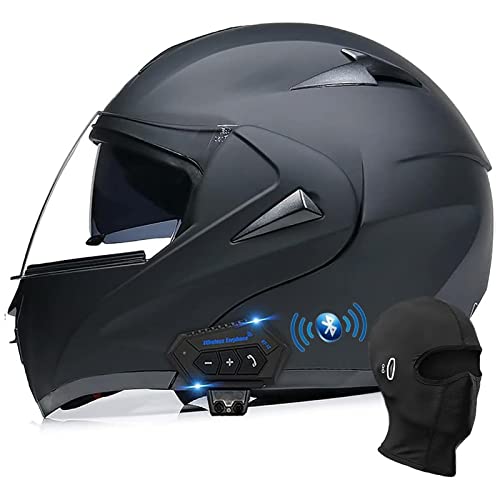 Bluetooth Modular Motorrad Helm, DOT/ECE Genehmigt Flip Up Full Face Integrated Helm, Doppel Visor Helm Built-In Dual Lautsprecher Mit Mikrofon Für Erwachsene Männer Und Frauen,Matte Black a,XS von DXDRT