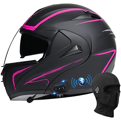 Bluetooth Modular Motorrad Helm, DOT/ECE Genehmigt Flip Up Full Face Integrated Helm, Doppel Visor Helm Built-In Dual Lautsprecher Mit Mikrofon Für Erwachsene Männer Und Frauen,Pink a,XL von DXDRT