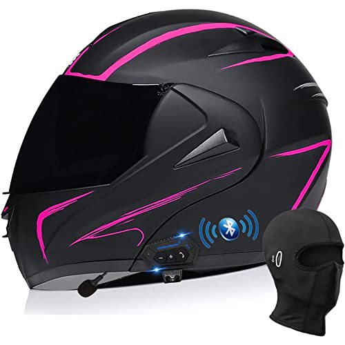 Bluetooth Modular Motorrad Helm, DOT/ECE Genehmigt Flip Up Full Face Integrated Helm, Doppel Visor Helm Built-In Dual Lautsprecher Mit Mikrofon Für Erwachsene Männer Und Frauen,Pink b,S von DXDRT