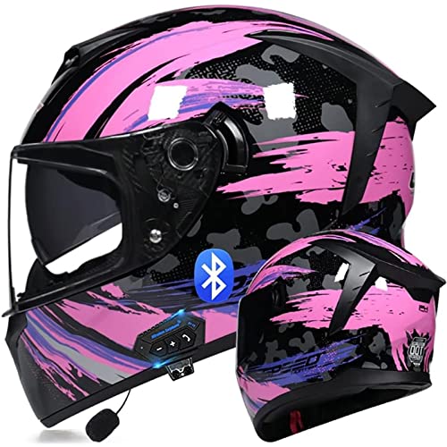 Bluetooth Motorrad Helm Full Face Flip Up Motorrad Helm Mit Mikrofon DOT/ECE Genehmigt Tail Wing Design Noise Reduction Mit Anti-Fog Double Visor Für Erwachsene Männer Frauen,Pink a,M von DXDRT