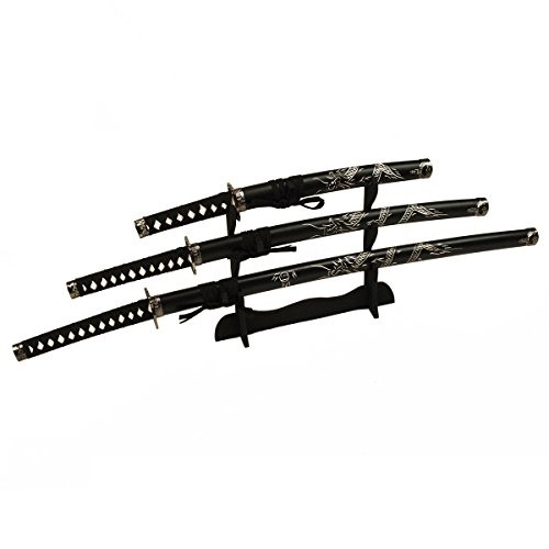 DerShogun Samuraischwert Set mit eingeschnitztem Drache Katana Wakizashi Tanto mit Schwertständer von DXQ