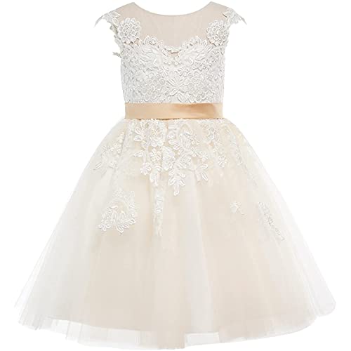 Junior Kleid Hochzeit Spitzenkleid Kinder Mädchen Tüll Kleid Brautjungfer Blumenmädchen Kleid & Rock Kleider FüR Baby (Beige, 4) von DYKeWei