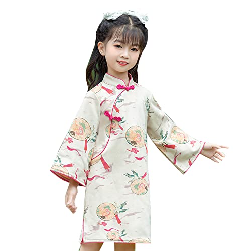 Kleinkind Kleid Langarm Cheongsam Leistung Frühling Herbst Mädchen Retro Tang Kleid Kleid Mädchen Ethnisch Stil Hanfu Kleider FüR MäDchen 9 Bis 10 Jahre Sommer (Beige, 7-8 Years) von DYKeWei