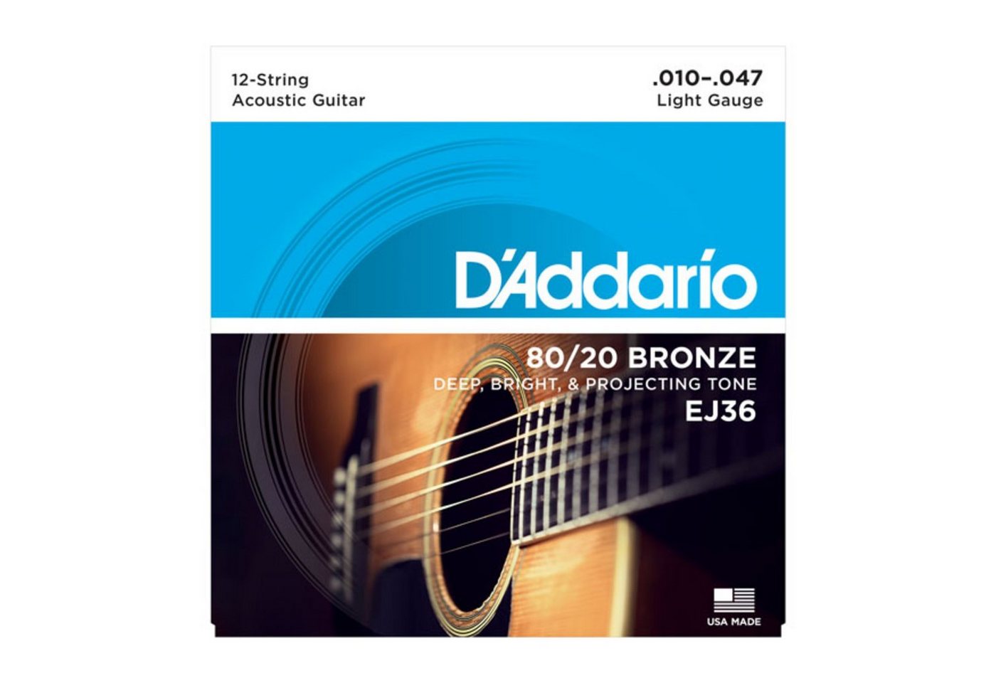 Daddario Saiten, (EJ36 10-47 12-string 80/20 Bronze Light), EJ36 10-47 12-string 80/20 Bronze Light - Westerngitarrensaiten von Daddario