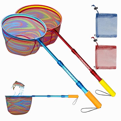 DaddyGoFish Kinder Fischernetz - Ultraleichte Teleskop-Ködertasche zum Fangen von Fischschmetterlingen am Wasserstrand Seeteich Geschenke für Jungen und Mädchen (2 Pack, Blau + Rot) von DaddyGoFish