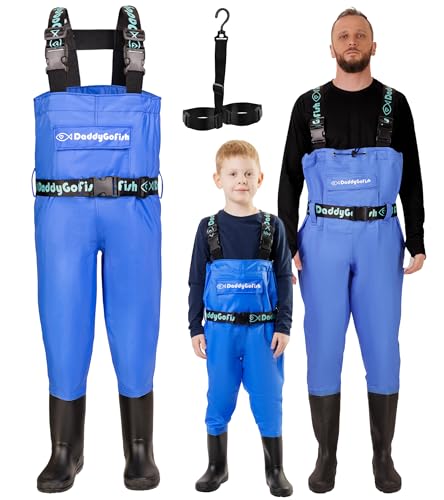 DaddyGoFish Wathose für Kinder – wasserdichte Angel- und Jagdausrüstung, Bass Duck Tributary – isolierte Stiefel für Junior-Angler, Jugendliche, Kleinkinder, Jungen, Mädchen, Kinder, Blau, Alter 13–14 von DaddyGoFish