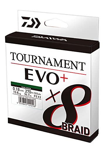 Daiwa Tournament x8 Braid EVO+ 0.26mm, 19.8kg/43.7Lbs, 2700m, Dunkelgrün, Geflochtene Angelschnur, 12760-326 von Daiwa