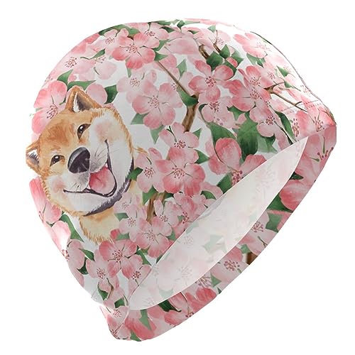 Dallonan Badekappe, Unisex, Erwachsene, für Damen und Herren, rosa Blumen, niedlicher Hund, Polyester von Dallonan
