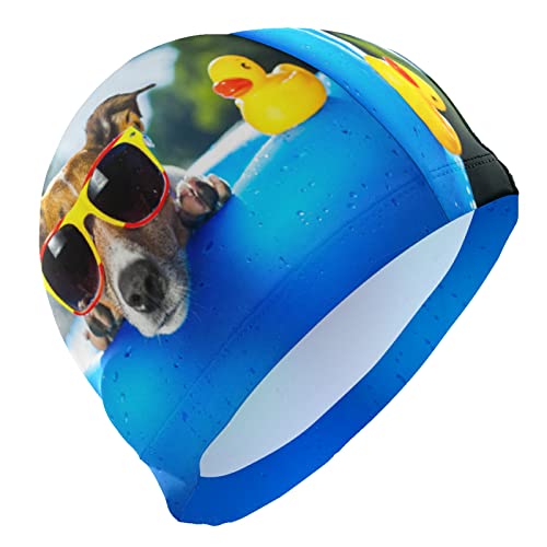 Dallonan Badekappe Sommer Zeit Lustige Hund und gelbe Ente Unisex Erwachsene Badekappe Polyester von Dallonan