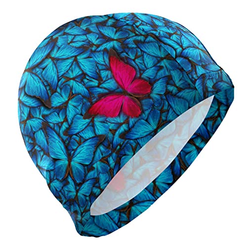 Dallonan Badekappe mit schönem Schmetterling, Blau und Rot, für Erwachsene von Dallonan