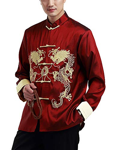 Daoba Herren Tang Anzug, Chinesisch Traditionell Stehkragen Langarm Tai Chi Shirt Kampfkunst Kung Fu Hemd Jacke Tops Doppelte Drachenstickerei von Daoba