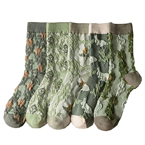 Socken Damen 39-42 5 Paar Tierdruck Süße Baumwolle Lange Socken Frauen Socken Blumen Kawaii Mädchen Modestrede Frühling Herbst-A,One Size von Dartsz