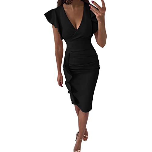 Dasongff Damen Strandkleid Elegant V-Ausschnitt Slim Fit Schlitzkleid Kurzarm Sommer Lang Rüschen Knielang Minikleid Business Rockabilly Bleistiftkleid Sommerkleid Frauen Casual Kleid Cocktailkleid von Dasongff