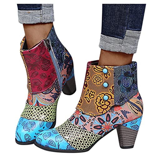 Dasongff Stiefeletten Damen mit Absatz Bunte Stiefel mit Lederschnalle und Reißverschluss Komfort Retro Runde Zehe Schlupfstiefel Spleißmuster Kurze Stiefel Herbst Winter Schuhe Enegant Party Schuhe von Dasongff