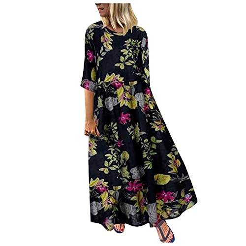 DeaAmyGline Damen Leinenkleid Sommer Lang Sommerkleid Leicht und Luftig Strandkleid Elegant Maxikleid Boho Kleid 3/4 Arm Blumen Drucken Baggy Leinen Kleider Partykleid Frauen Freizeitkleid von DeaAmyGline