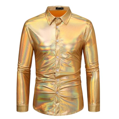 DeaAmyGline Disco Hemd Herren 70er Outfit Glitzer Hemden Langarm Glänzende Business Shirt Freizeithemden für Männer Party Karneval Kustüm Discokugel Mottoparty Nachtklub Musikfestival von DeaAmyGline