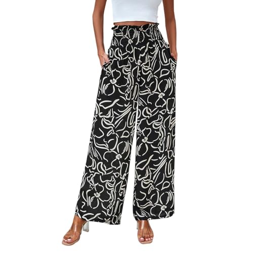DeaAmyGline Palazzo Hose Damen High Waist Marlene Hosen Elegant Sommerhose Leicht Weites Bein Bedruckte Freizeithose mit Gummizug Lockere Schlaghose Boho Strandhose Stoffhose von DeaAmyGline