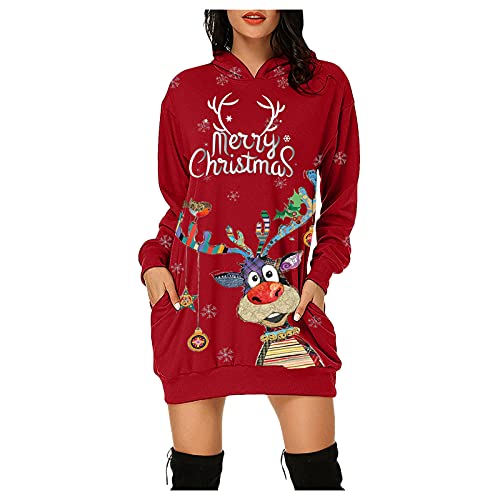 DeaAmyGline Weihnachtskleid Damen Weihnachts Hoodie Kleid, Weihnachtspullover Kleid Damen Kapuzenpullover Pulloverkleid Weihnachten Sweatkleid mit Hässliche Weihnachtsmotiv Weihnachtskleider von DeaAmyGline
