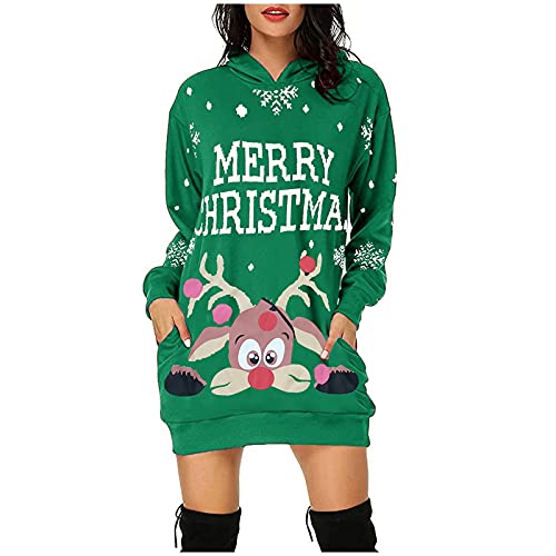 DeaAmyGline Weihnachtskleid Damen Weihnachts Hoodie Kleid, Weihnachtspullover Kleid Damen Kapuzenpullover Pulloverkleid Weihnachten Sweatkleid mit Hässliche Weihnachtsmotiv Weihnachtskleider von DeaAmyGline