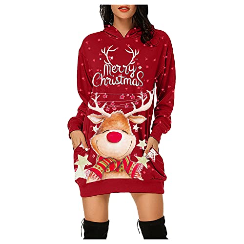 DeaAmyGline Weihnachtskleid Damen Weihnachts Hoodie Kleid, Weihnachtspullover Kleid Damen Kapuzenpullover Pulloverkleid Weihnachten Sweatkleid mit Hässliche Weihnachtsmotiv Weihnachtskleider von DeaAmyGline