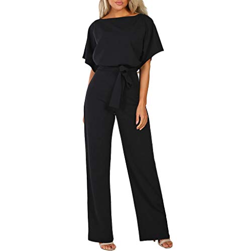 Jumpsuit Damen Elegant für Hochzeit - Hosenanzug Damen Festlich Overall Damen Sommer Kurzarm mit Gürtelbindung Rundhals Einteiliger Hose Straight Weites Bein Playsuit Romper Jumpsuits Frauen von DeaAmyGline