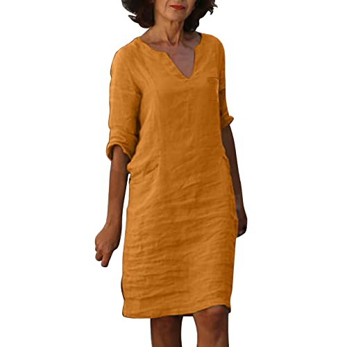 Leinenkleid Damen Sommer- Sommerkleid Damen Knielang, Vintage Kleid Damen Kurzarm 1/2 Arm V Ausschnitt Lässig Luftige Kleider Elegant Baumwolle Leinen Blusenkleid Freizeitkleid Partykleid Midikleid von DeaAmyGline