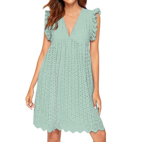 Sommerkleid Damen Knielang- Spitzen Kleid Damen mit Hose Drunter, Strandkleid Damen Sommer V Ausschnitt Spitze Jacquard Cutout Große Größen Tunika Kleider Lässig Locker Blusenkleid Freizeitkleid von DeaAmyGline