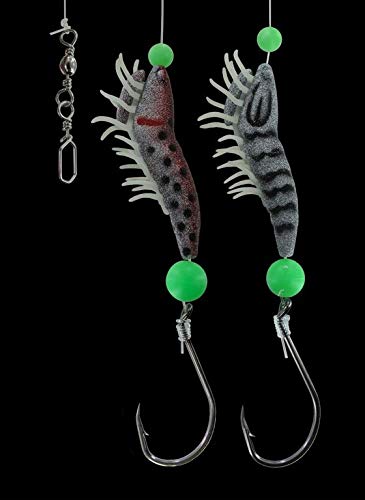 DEGA Calamares Vorfach für Norwegen, 2 Seitenarme, mit UV-Shrimp-Imitaten (Silber/Rot) von DEGA