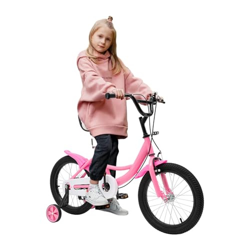 Dekltus 16 Zoll Kinderfahrrad,Höhenverstellbar Fahrrad Kinder mit Stützrädern unb Doppelbremssystem,Kinderfahrräder für Kinder mit Einer Körpergröße von 105 cm bis 135 cm geeignet (5-8 Jahren) (Rosa) von Dekltus