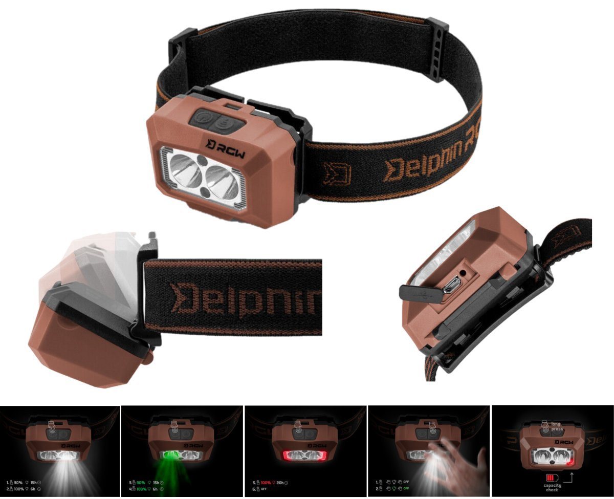 Delphin.sk Kopflampe Stirnlampe RGW Pro Kopflampe mit 200lm Nachtangeln Headlamp SENSOR, Lichtquelle: LED, Bewegungssensor, Akku, Aufladen: USB, mit Gummiband von Delphin.sk