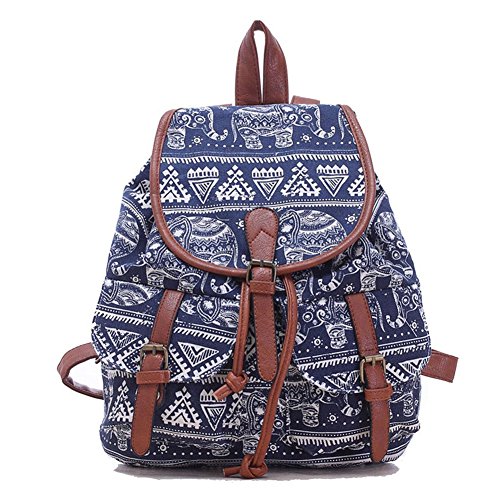 Demarkt Damen Canvas Rucksack Daypack Backpack Vintage Freizeitrucksack Schulrucksack mit Großer Kapazität Elefant Muster (Blau) von Demarkt