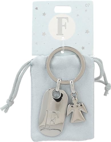 Depesche 11800-007 Silberner Schlüsselanhänger mit Buchstabe F und Schutzengel, Zinklegierung, inkl. farbigem Samtbeutel von Depesche