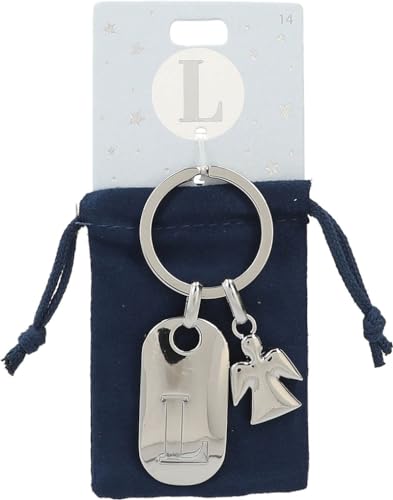Depesche 11800-014 Silberner Schlüsselanhänger mit Buchstabe L und Schutzengel, Zinklegierung, inkl. farbigem Samtbeutel von Depesche