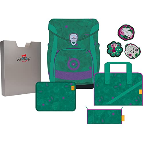 DerDieDas Ergoflex Easy Schulranzen Set 5-TLG. Exklusiv LED Paisley Green von DerDieDas