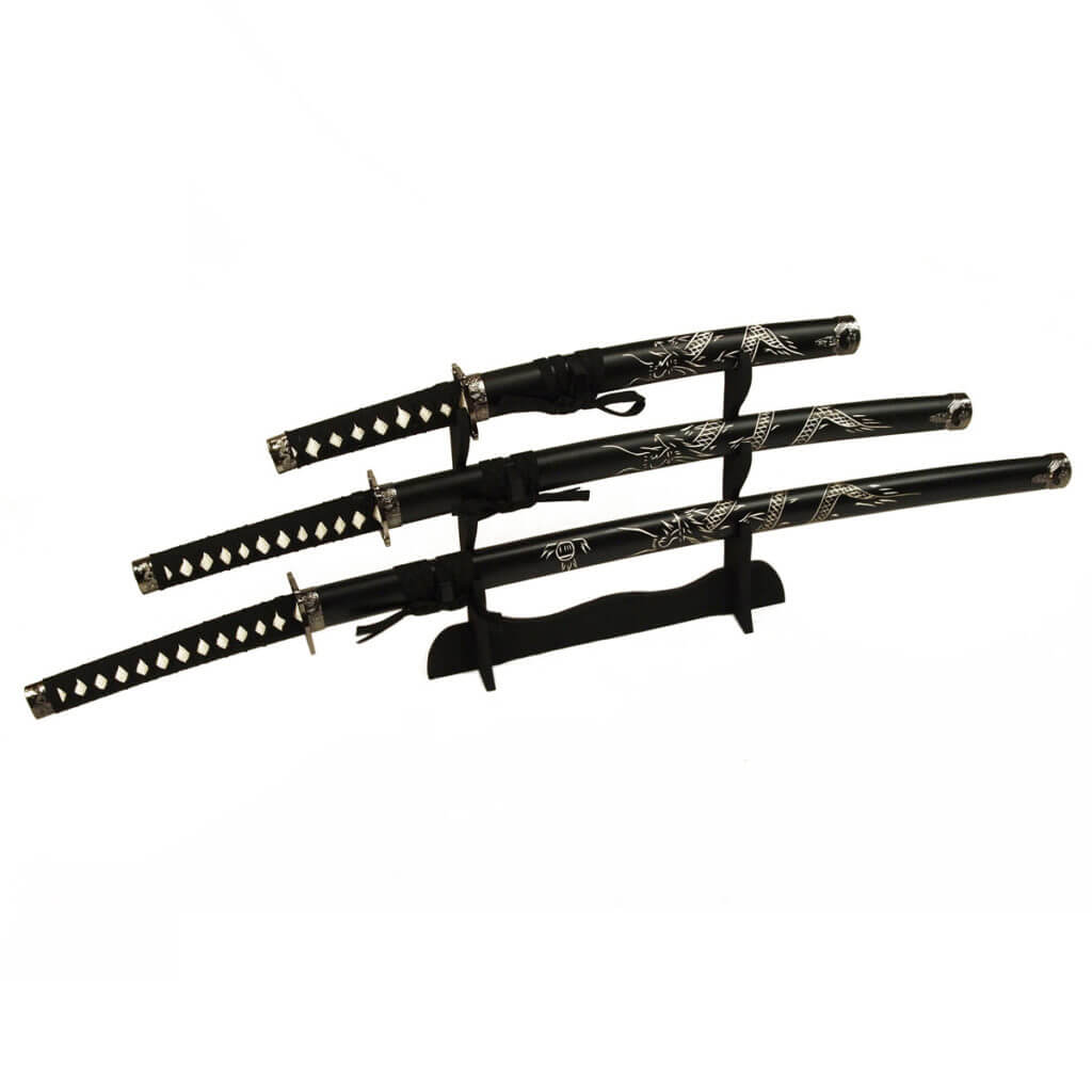 DerShogun Samuraischwert Set mit eingeschnitztem Drache - Katana Wakizashi Tanto Schwertständer von DerShogun