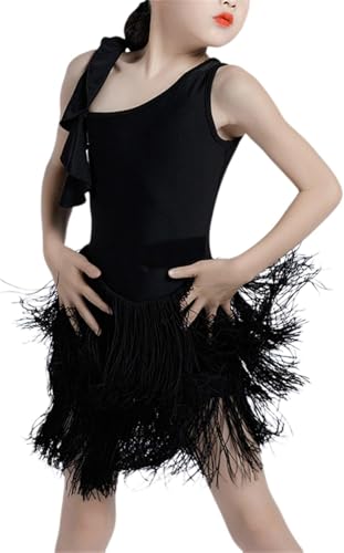 DgtZyrih Mädchen Fransen Latin Tanzkleid, Einteiliges ärmelloses Tanzoutfit für Kinder, Wettbewerb Tanzbekleidung Ballsaal Samba Tango Cha-Cha Performance Kostüm,Schwarz,140 von DgtZyrih
