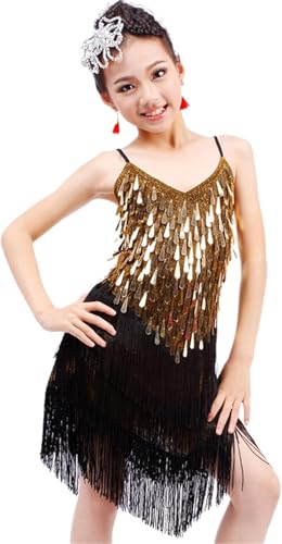 DgtZyrih Mädchen Latin Tanzkleid, glänzende Pailletten Quasten Tanzoutfit atmungsaktives Ballsaal Kostüm Übungsrock, Big Swing Cha Cha Salsa Tango Wettbewerb Tanzkleidung,Gold,XXL von DgtZyrih