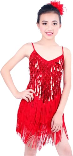 DgtZyrih Mädchen Latin Tanzkleid, glänzende Pailletten Quasten Tanzoutfit atmungsaktives Ballsaal Kostüm Übungsrock, Big Swing Cha Cha Salsa Tango Wettbewerb Tanzkleidung,Rot,M von DgtZyrih