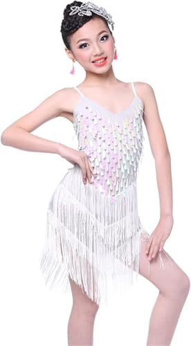 DgtZyrih Mädchen Latin Tanzkleid, glänzende Pailletten Quasten Tanzoutfit atmungsaktives Ballsaal Kostüm Übungsrock, Big Swing Cha Cha Salsa Tango Wettbewerb Tanzkleidung,Weiß,3XL von DgtZyrih