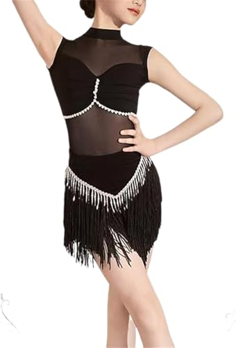 DgtZyrih Neue Mädchen Latin Tanzkleid, atmungsaktive Spitze Ballett Jazz Rock, ärmellose Quaste Tanz Outfit Ballsaal Samba Chacha Tanzbekleidung Bühne Performance Kostüm,Schwarz,170 von DgtZyrih